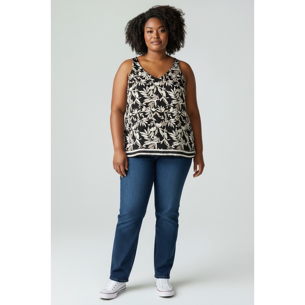 Lane Bryant Womens Black Ivory Leaf Print V-Neck Swing Tank Top Size 28 NWT